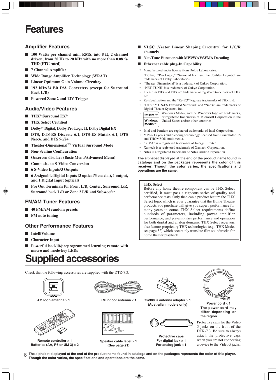 Features supplied accessories, Amplifier features, Audio/video features | Fm/am tuner features, Other performance features | Integra DTR-7.3 User Manual | Page 6 / 84