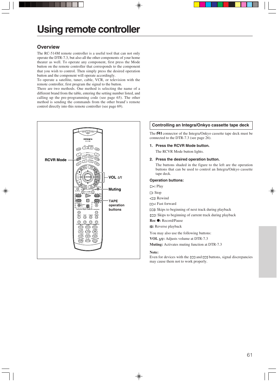 Using remote controller | Integra DTR-7.3 User Manual | Page 61 / 84