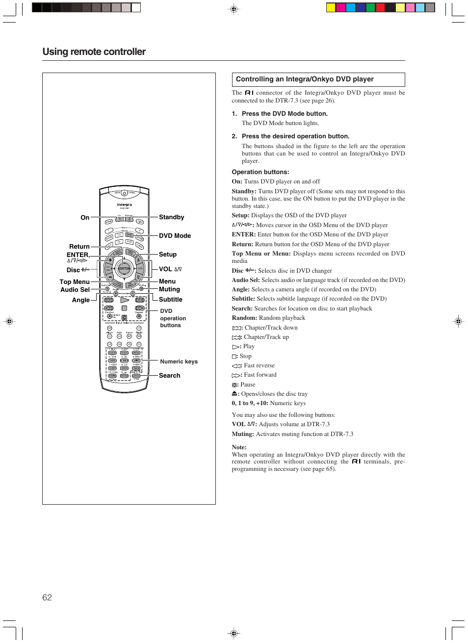 Using remote controller | Integra DTR-7.3 User Manual | Page 62 / 84