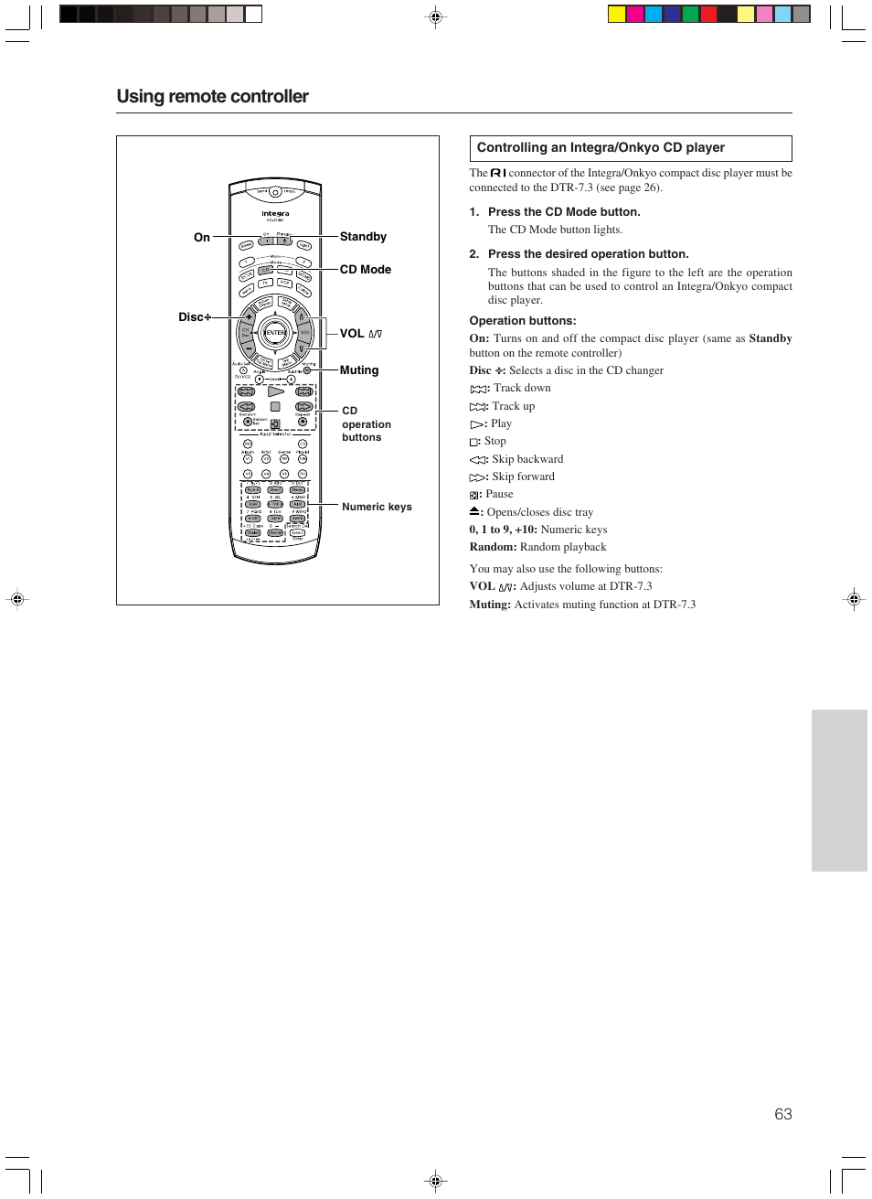 Using remote controller | Integra DTR-7.3 User Manual | Page 63 / 84