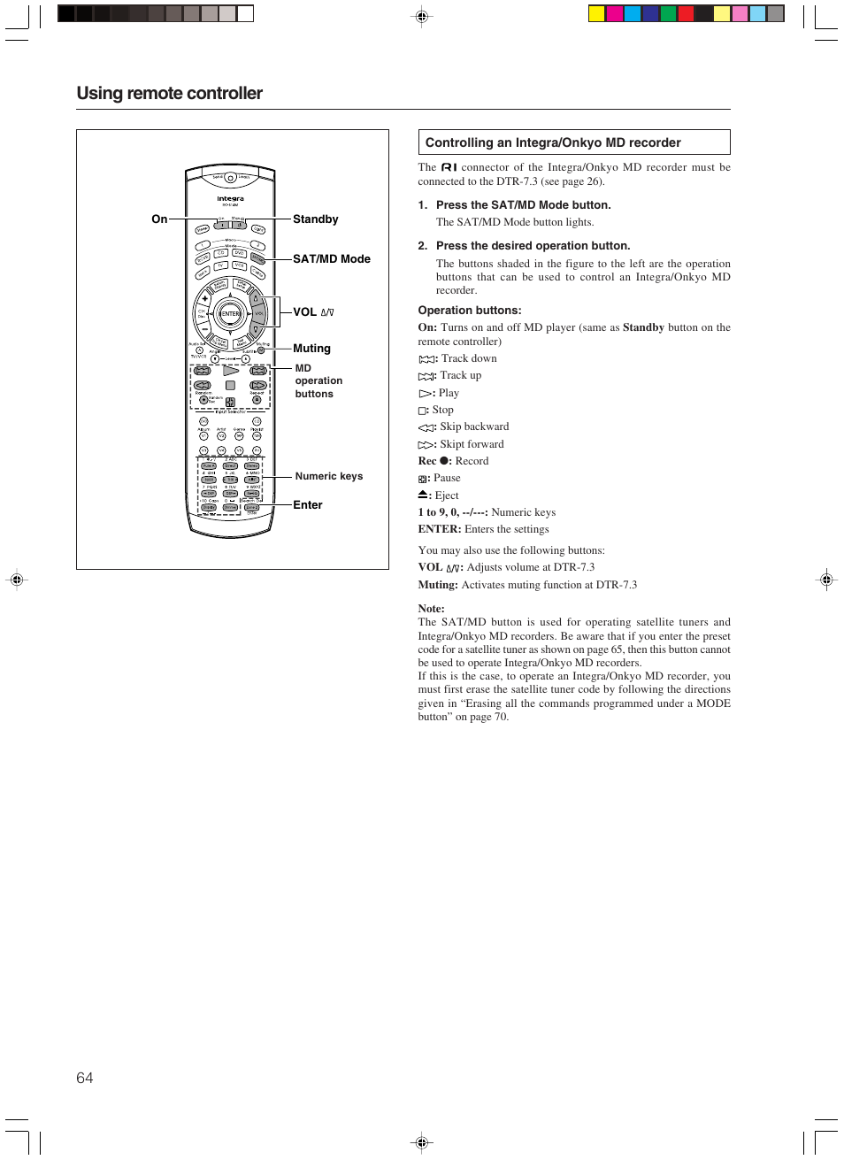 Using remote controller | Integra DTR-7.3 User Manual | Page 64 / 84