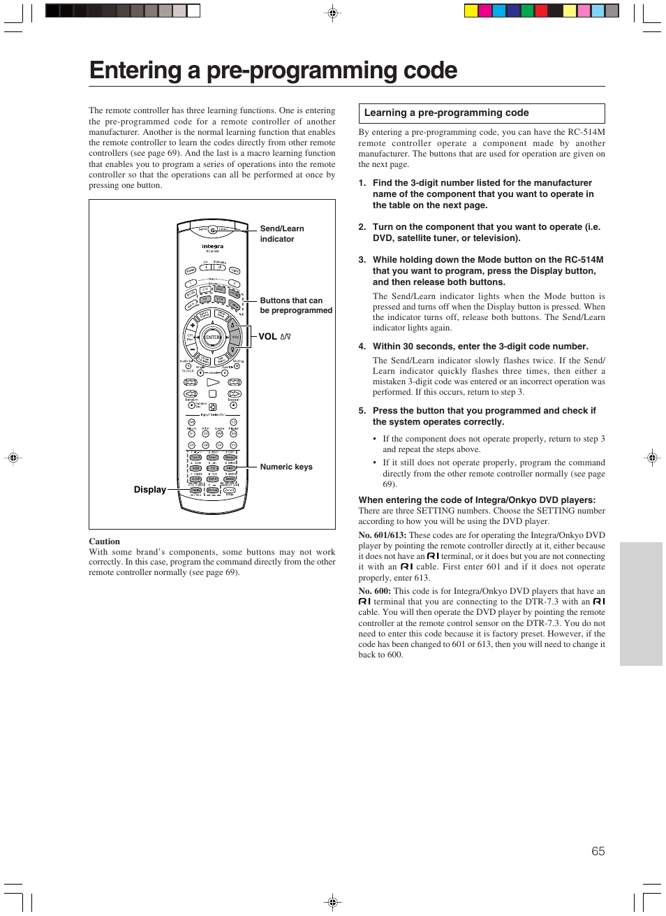 Entering a pre-programming code | Integra DTR-7.3 User Manual | Page 65 / 84