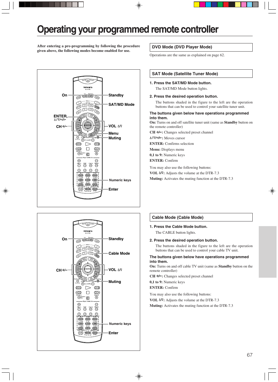 Operating your programmed remote controller | Integra DTR-7.3 User Manual | Page 67 / 84