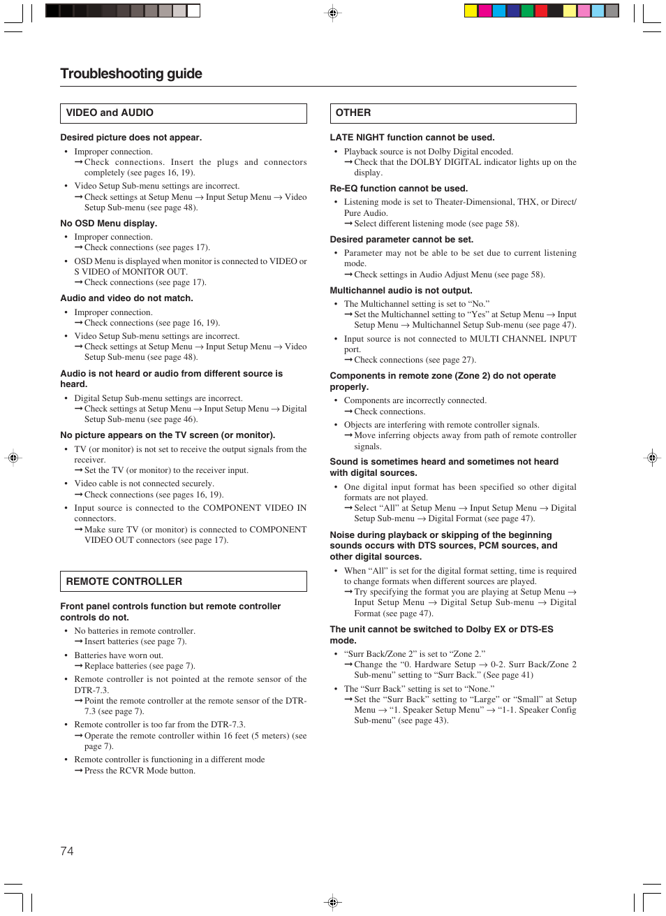 Troubleshooting guide | Integra DTR-7.3 User Manual | Page 74 / 84