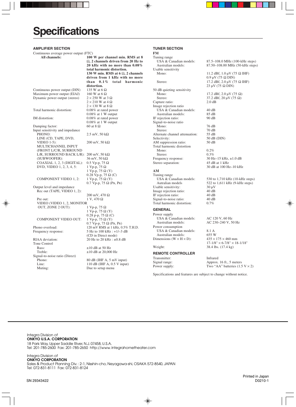 Specifications | Integra DTR-7.3 User Manual | Page 76 / 84
