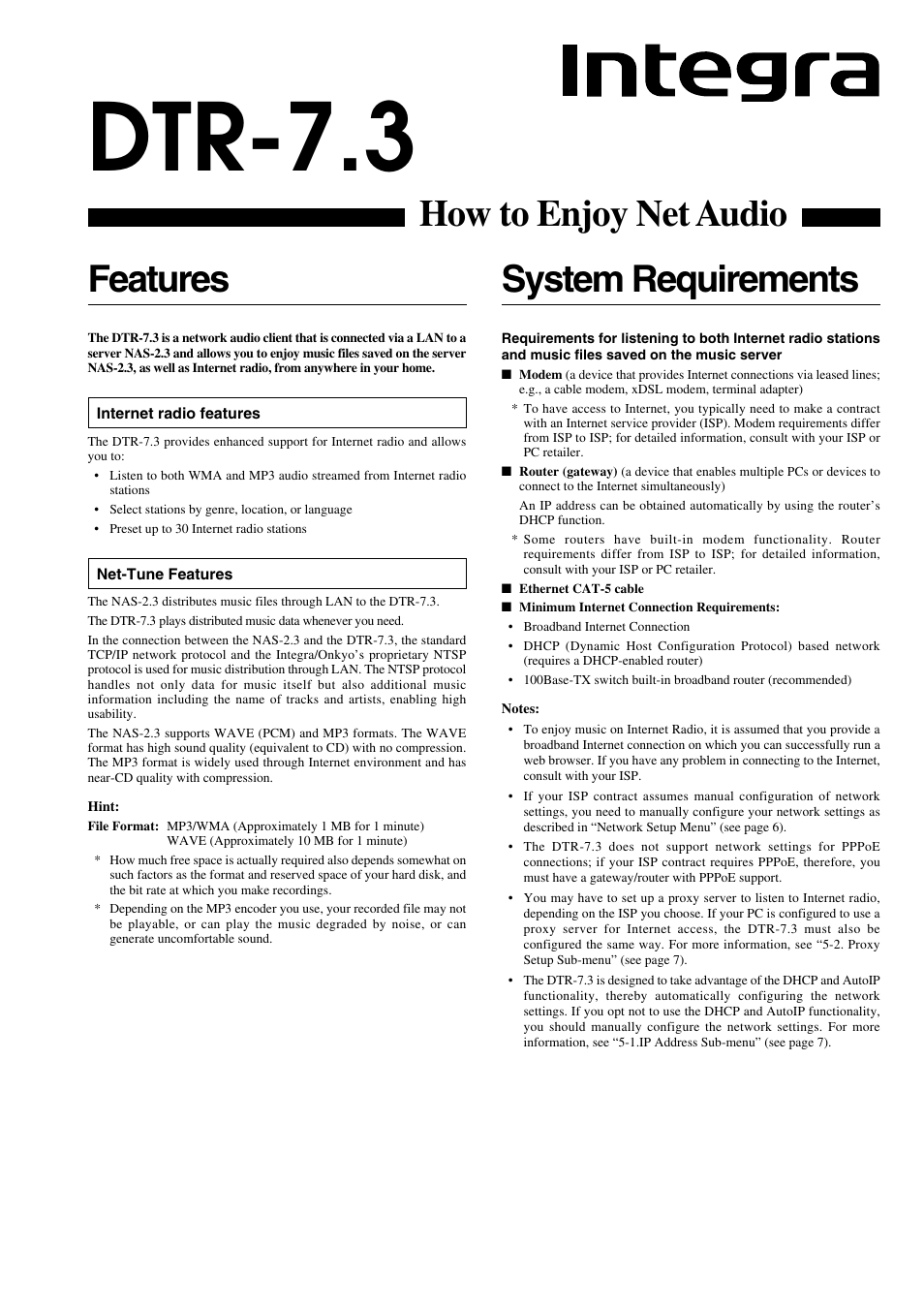 Dtr-7.3, System requirements, Features | How to enjoy net audio | Integra DTR-7.3 User Manual | Page 77 / 84