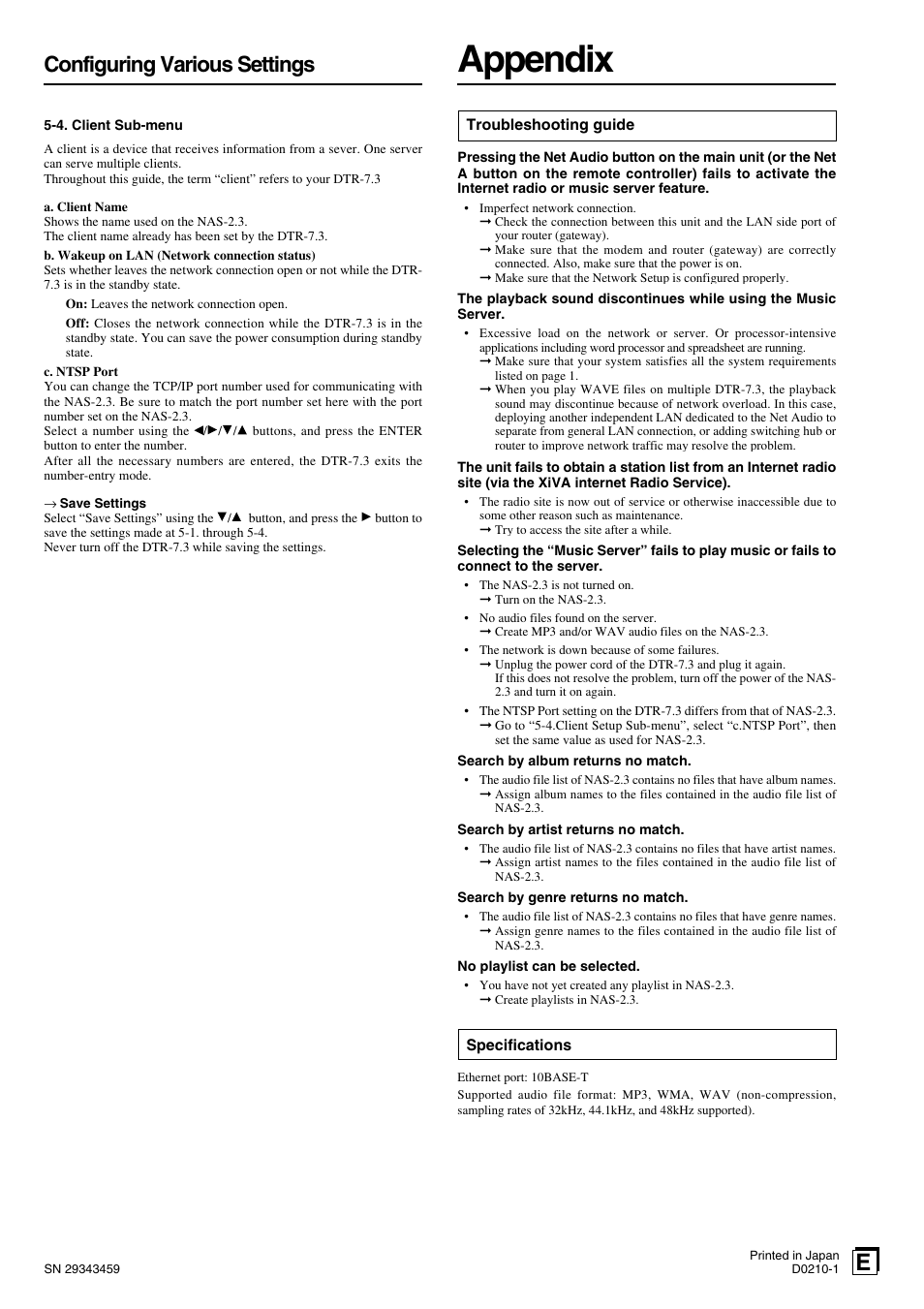 Appendix, Configuring various settings | Integra DTR-7.3 User Manual | Page 84 / 84