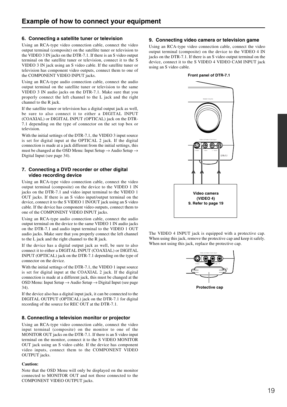 Example of how to connect your equipment, Connecting video camera or television game, Connecting a satellite tuner or television | Connecting a television monitor or projector | Integra DTR-7.1 User Manual | Page 19 / 72