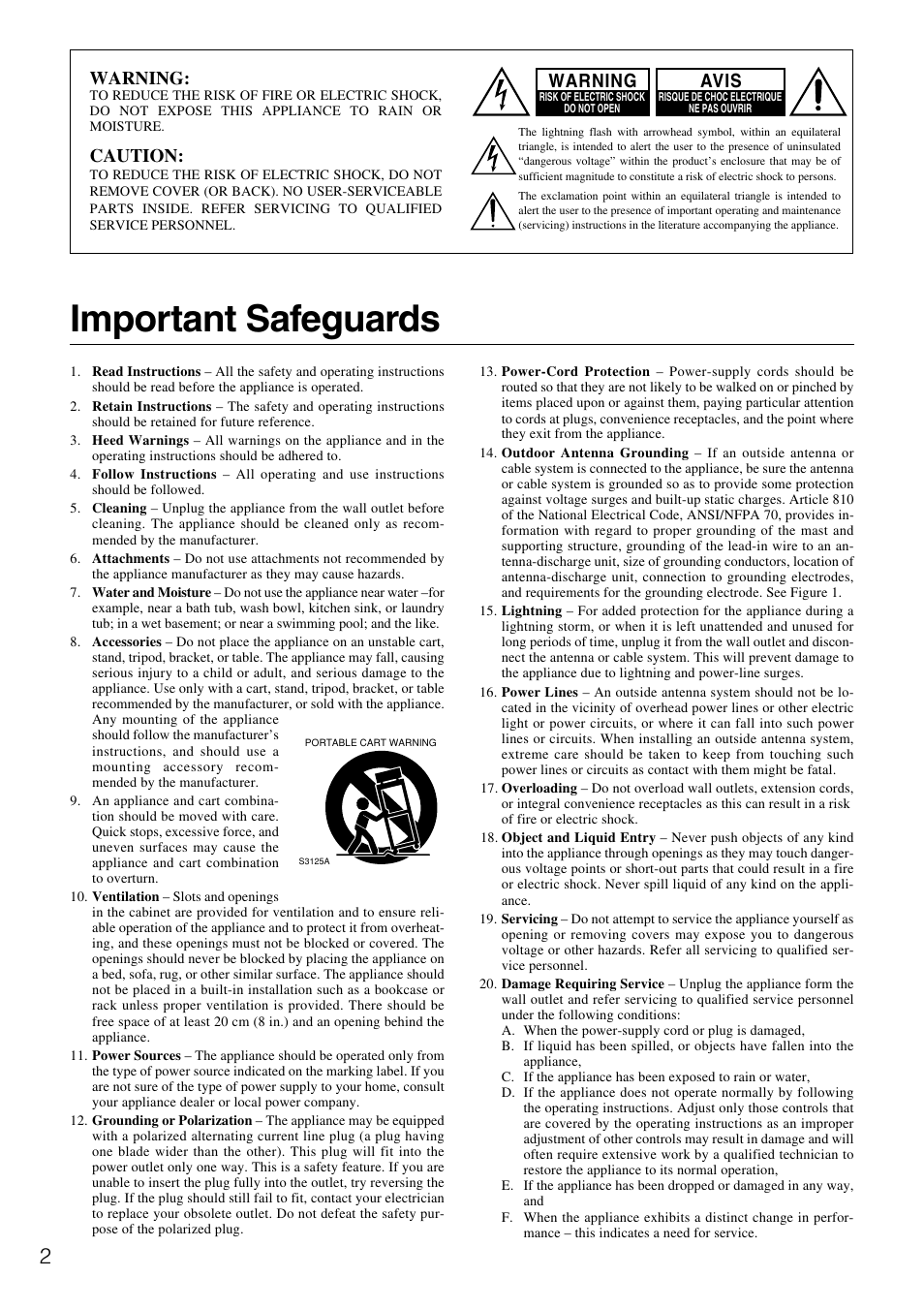 Important safeguards, Warning, Caution | Avis | Integra DTR-7.1 User Manual | Page 2 / 72