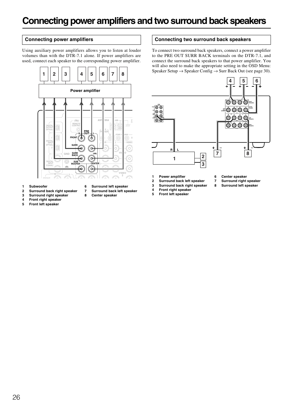 Connecting power amplifiers, Connecting two surround back speakers | Integra DTR-7.1 User Manual | Page 26 / 72