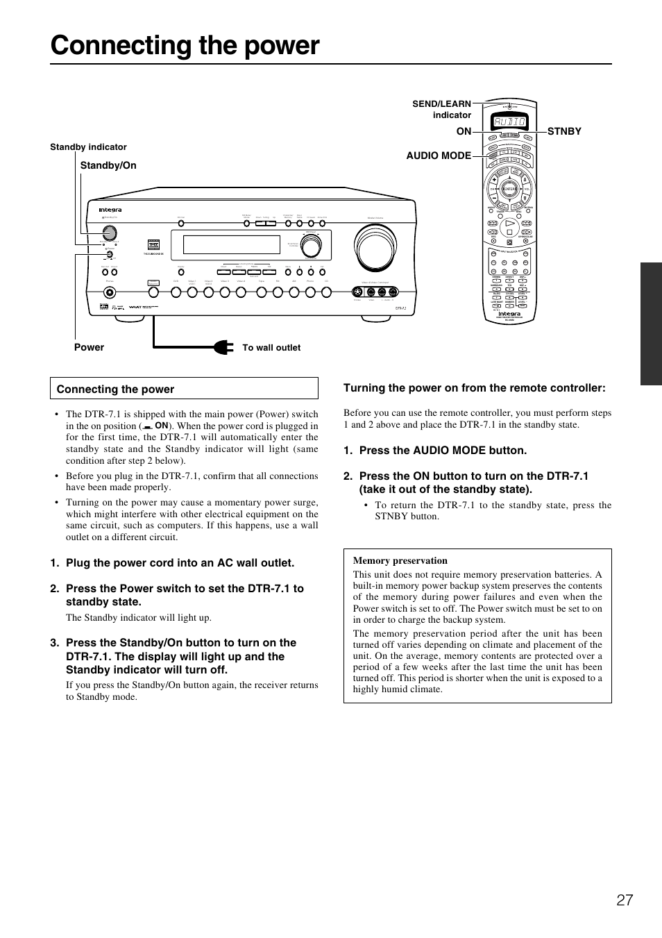 Connecting the power, Turning the power on from the remote controller, Power standby/on | On audio mode stnby, The standby indicator will light up, Standby indicator send/learn indicator | Integra DTR-7.1 User Manual | Page 27 / 72