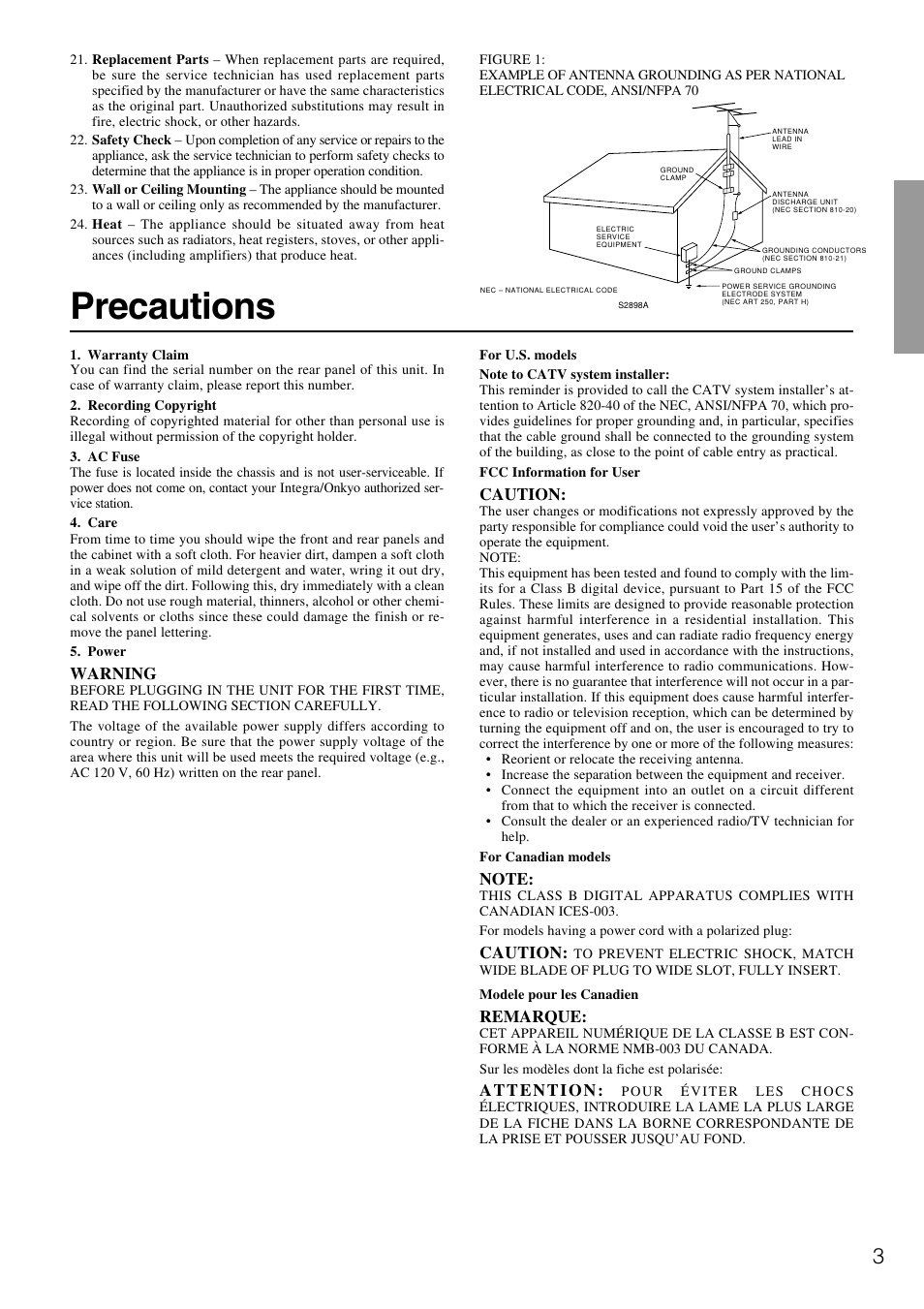 Precautions | Integra DTR-7.1 User Manual | Page 3 / 72