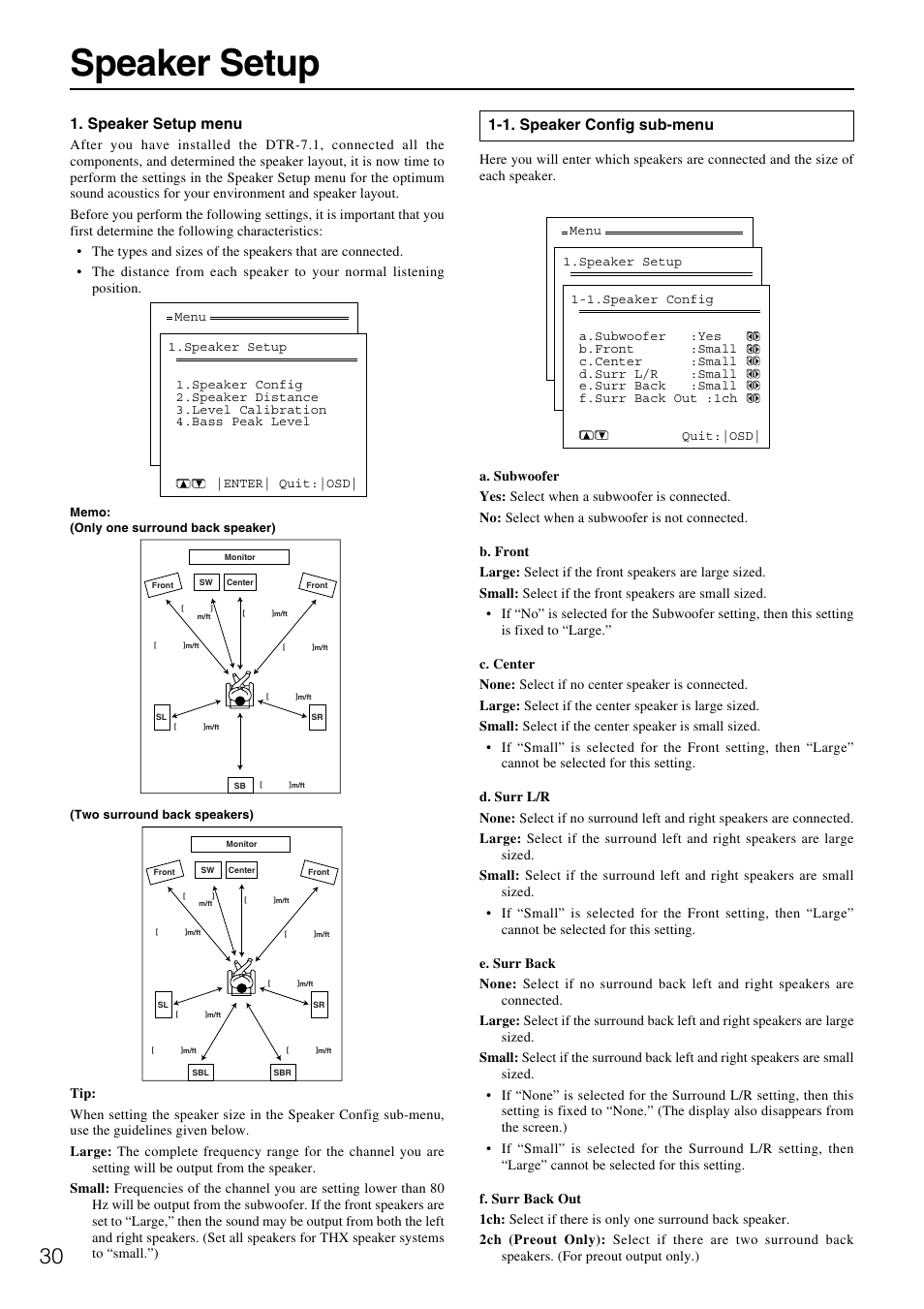 Speaker setup, Speaker setup menu, 1. speaker config sub-menu | Integra DTR-7.1 User Manual | Page 30 / 72