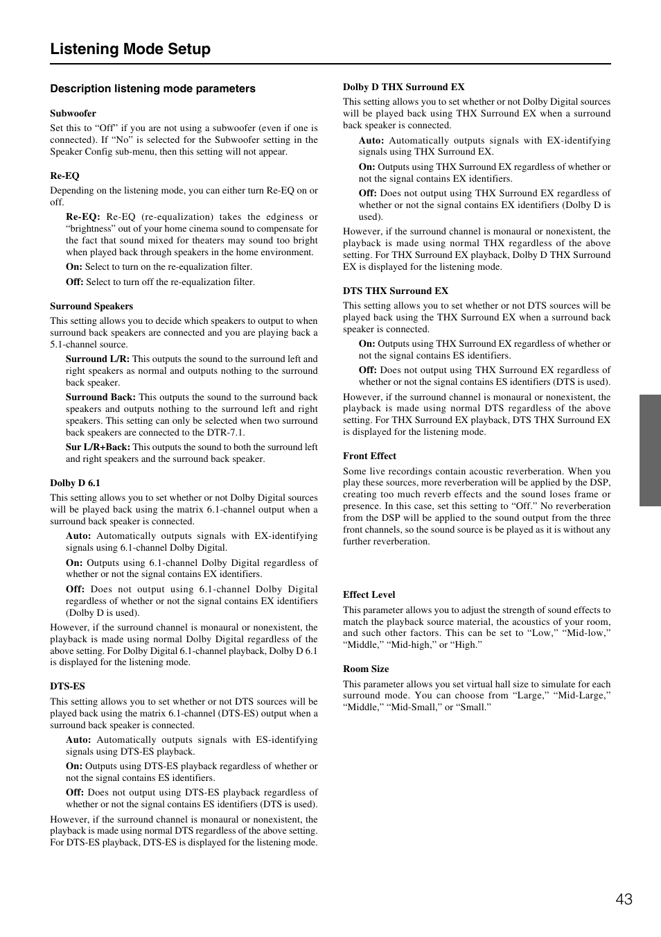 43 listening mode setup | Integra DTR-7.1 User Manual | Page 43 / 72