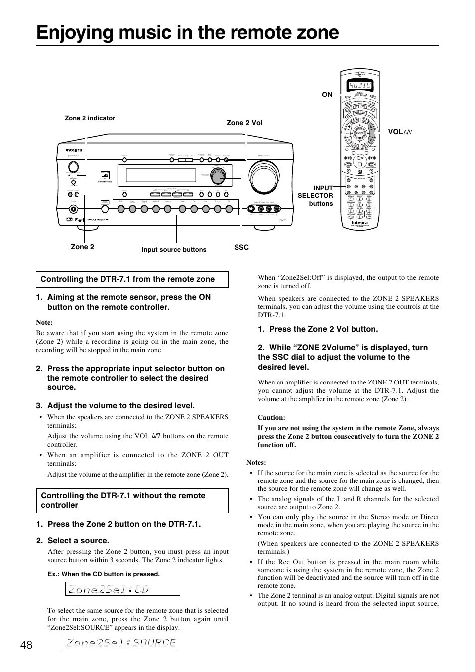 Enjoying music in the remote zone, On vol, Zone 2 zone 2 vol ssc | Ex.: when the cd button is pressed | Integra DTR-7.1 User Manual | Page 48 / 72
