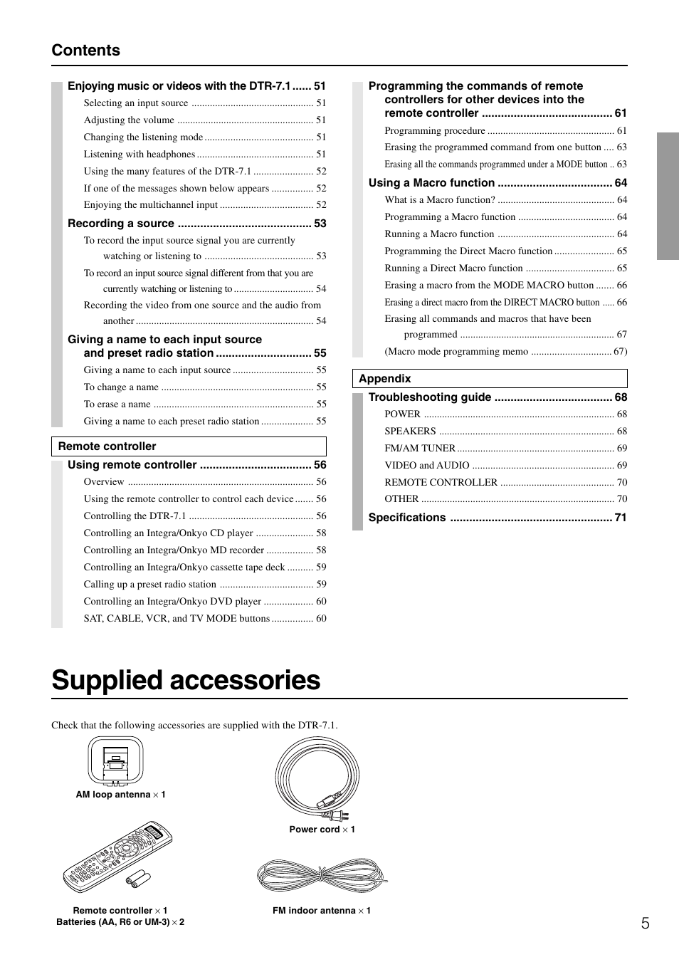 Supplied accessories, 5contents | Integra DTR-7.1 User Manual | Page 5 / 72