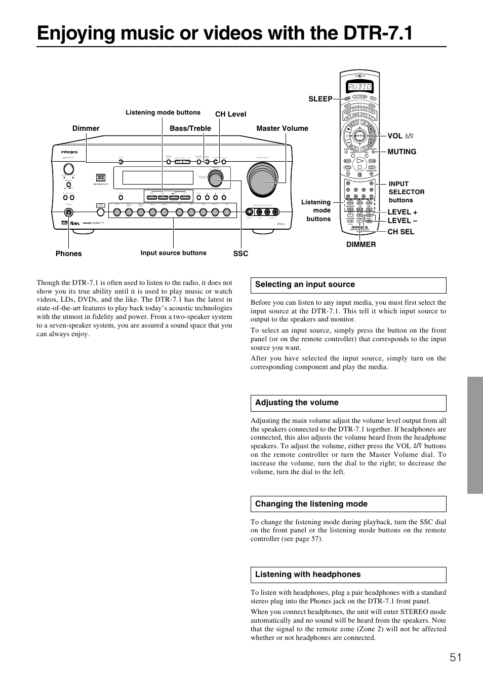 Enjoying music or videos with the dtr-7.1, Changing the listening mode, Listening with headphones | Selecting an input source, Adjusting the volume, Input source buttons | Integra DTR-7.1 User Manual | Page 51 / 72