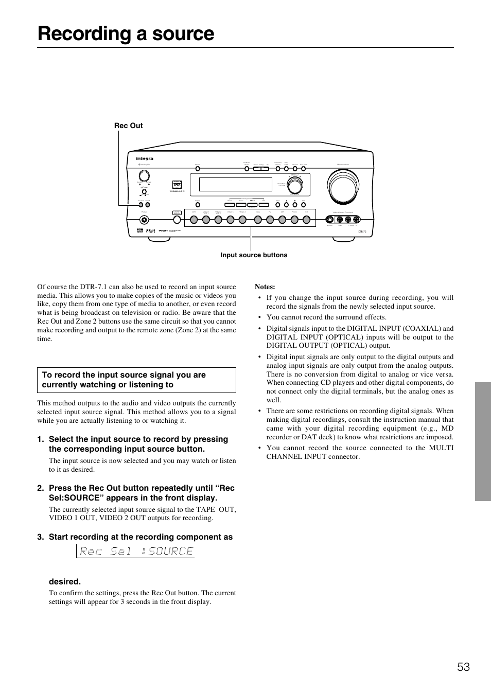 Recording a source, Start recording at the recording component as, Desired | Rec out, Input source buttons | Integra DTR-7.1 User Manual | Page 53 / 72