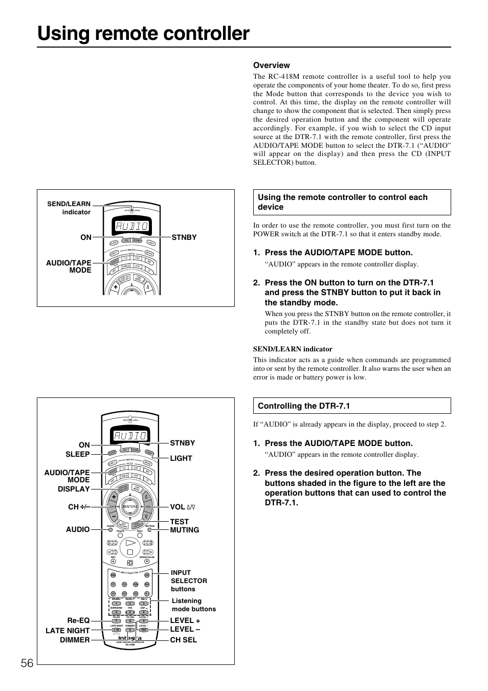 Using remote controller, Overview, Using the remote controller to control each device | Press the audio/tape mode button, Controlling the dtr-7.1, Audio” appears in the remote controller display, On audio/tape mode stnby | Integra DTR-7.1 User Manual | Page 56 / 72