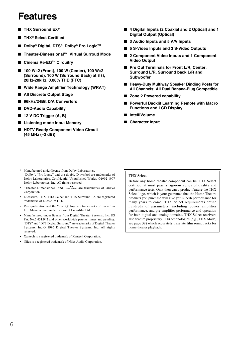 Features | Integra DTR-7.1 User Manual | Page 6 / 72