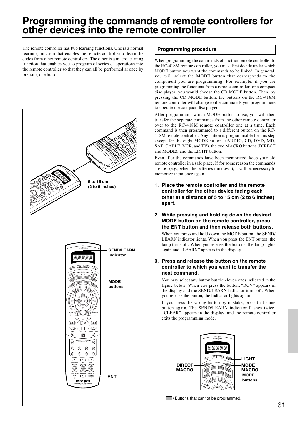 Programming procedure, Ent direct macro mode macro light, Send/learn indicator mode buttons mode buttons | Integra DTR-7.1 User Manual | Page 61 / 72