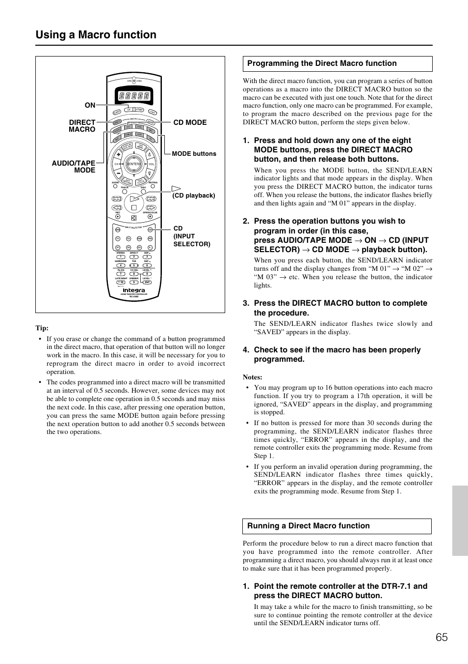 65 using a macro function, Programming the direct macro function, Running a direct macro function | Direct macro cd mode audio/tape mode on | Integra DTR-7.1 User Manual | Page 65 / 72