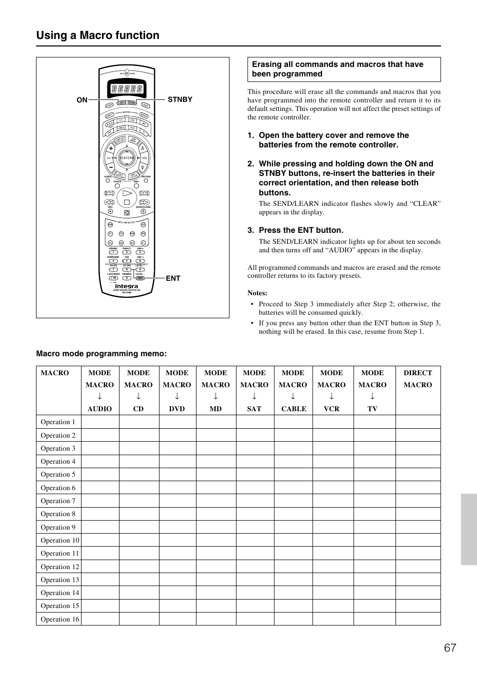 67 using a macro function, Press the ent button | Integra DTR-7.1 User Manual | Page 67 / 72