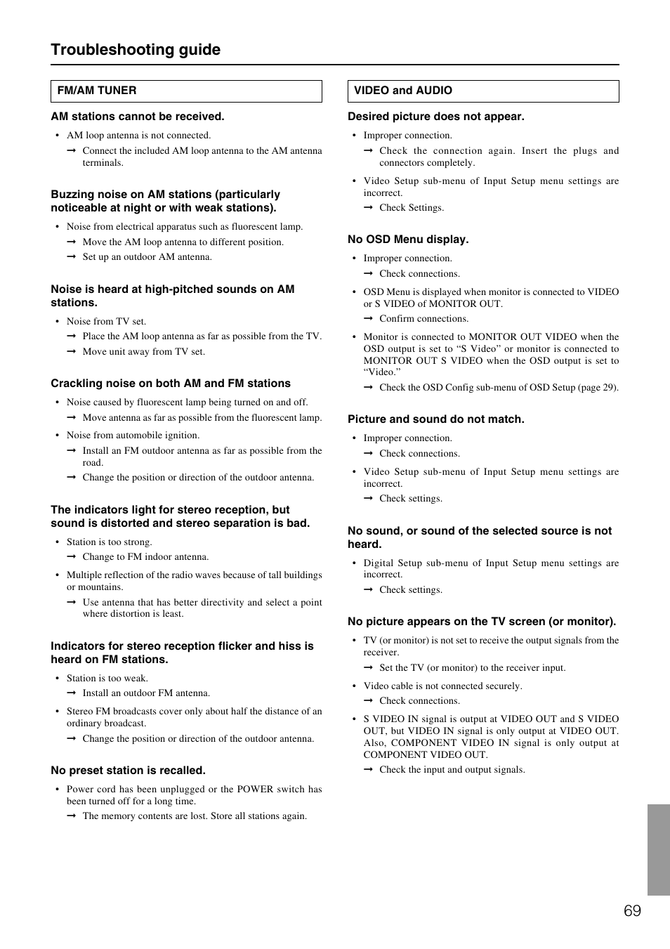 Troubleshooting guide | Integra DTR-7.1 User Manual | Page 69 / 72