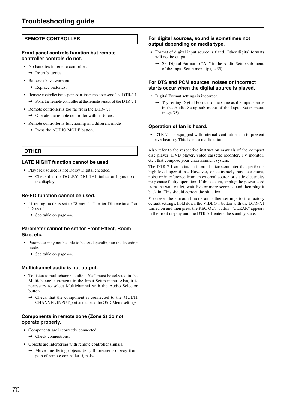 Troubleshooting guide | Integra DTR-7.1 User Manual | Page 70 / 72