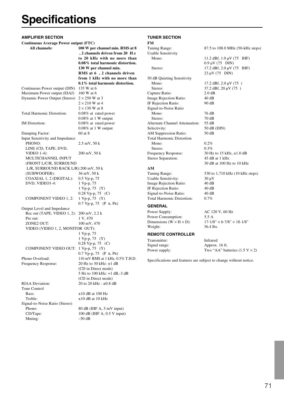 Specifications | Integra DTR-7.1 User Manual | Page 71 / 72