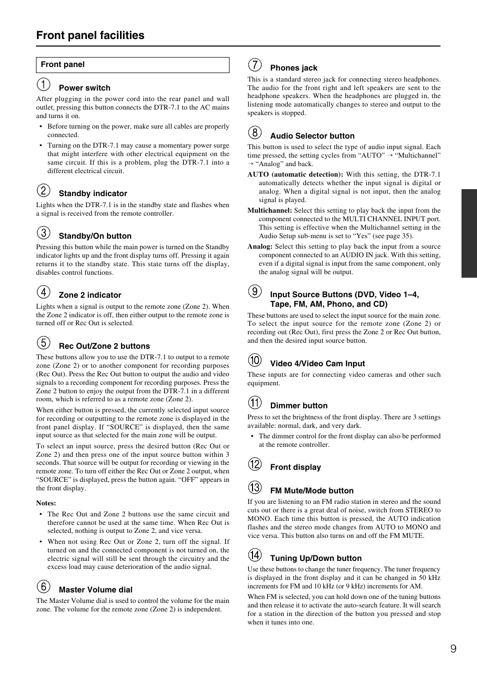 9front panel facilities | Integra DTR-7.1 User Manual | Page 9 / 72