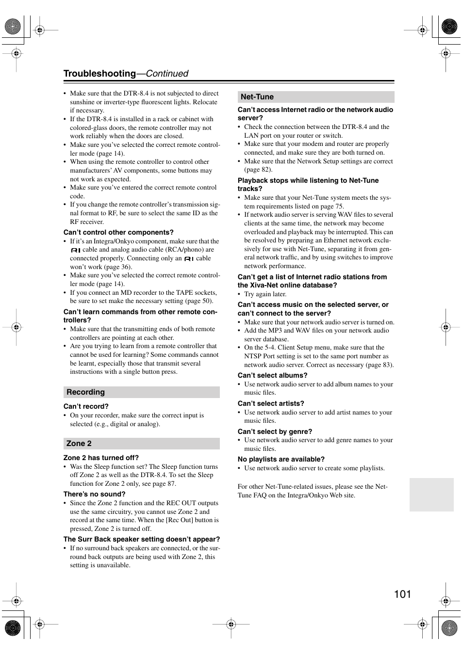 Troubleshooting —continued | Integra DTR-8.4 User Manual | Page 101 / 109
