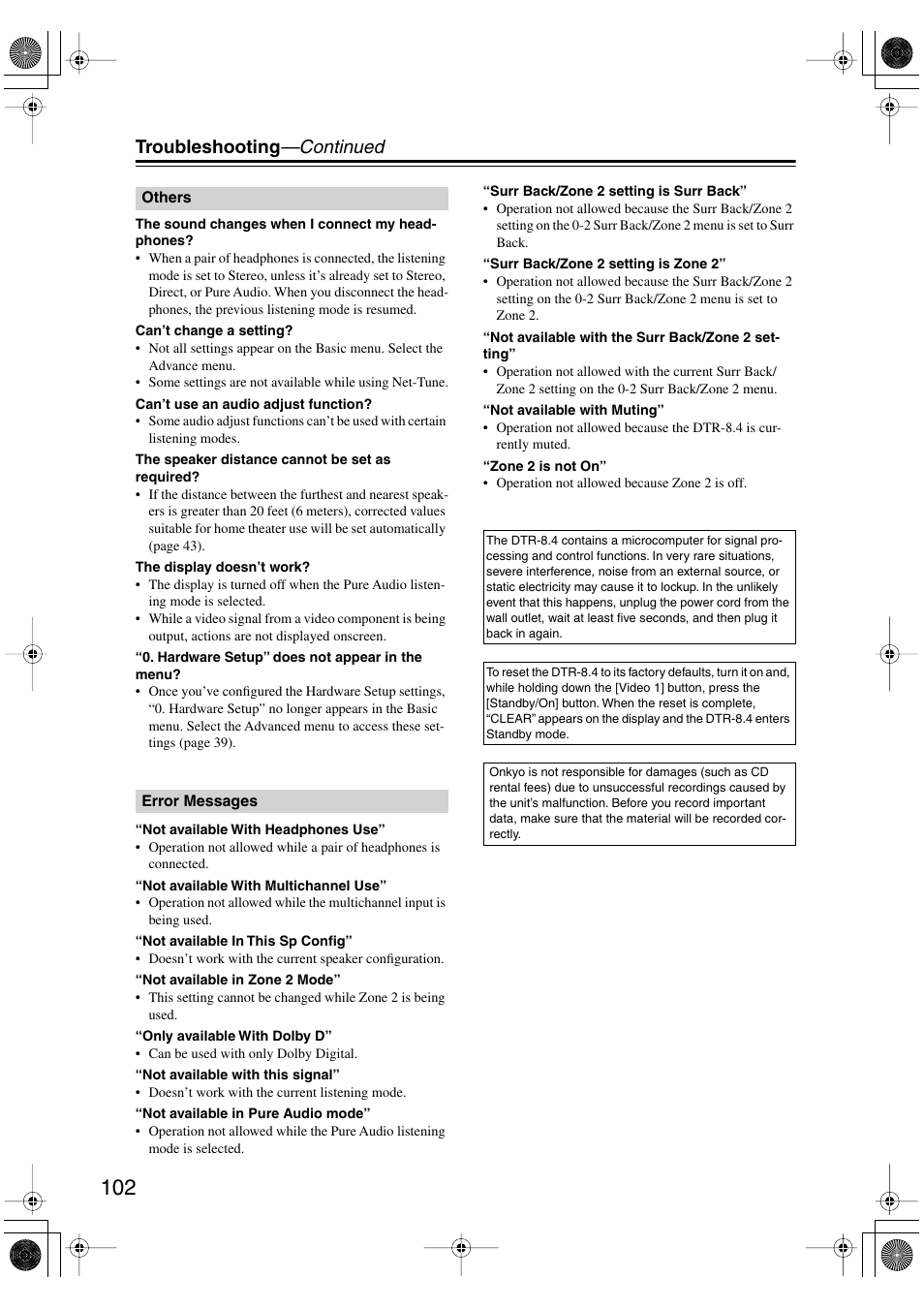 Troubleshooting —continued | Integra DTR-8.4 User Manual | Page 102 / 109
