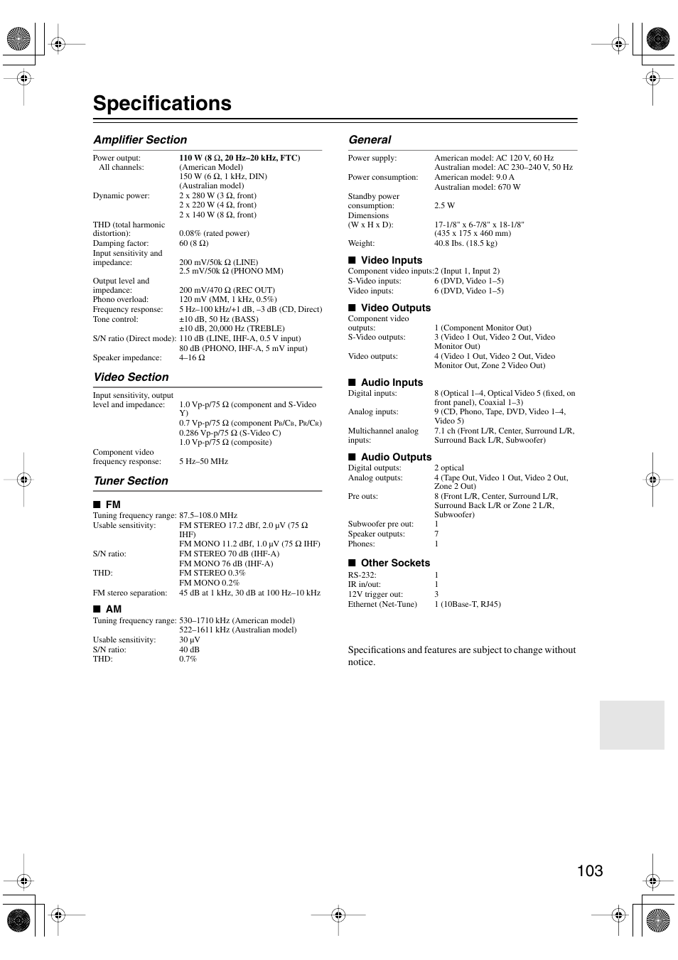 Specifications, General | Integra DTR-8.4 User Manual | Page 103 / 109