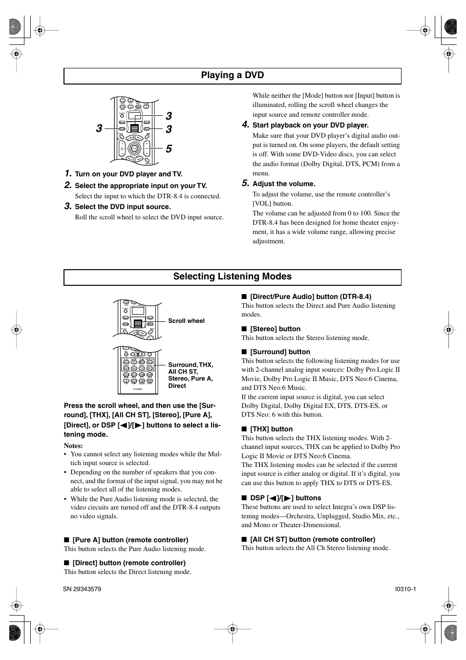 Playing a dvd, Selecting listening modes | Integra DTR-8.4 User Manual | Page 108 / 109