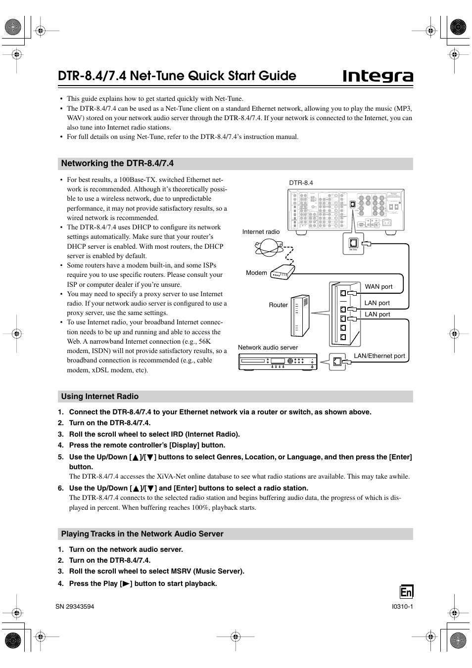 Dtr-8.4/7.4 net-tune quick start guide, Networking the dtr-8.4/7.4 | Integra DTR-8.4 User Manual | Page 109 / 109