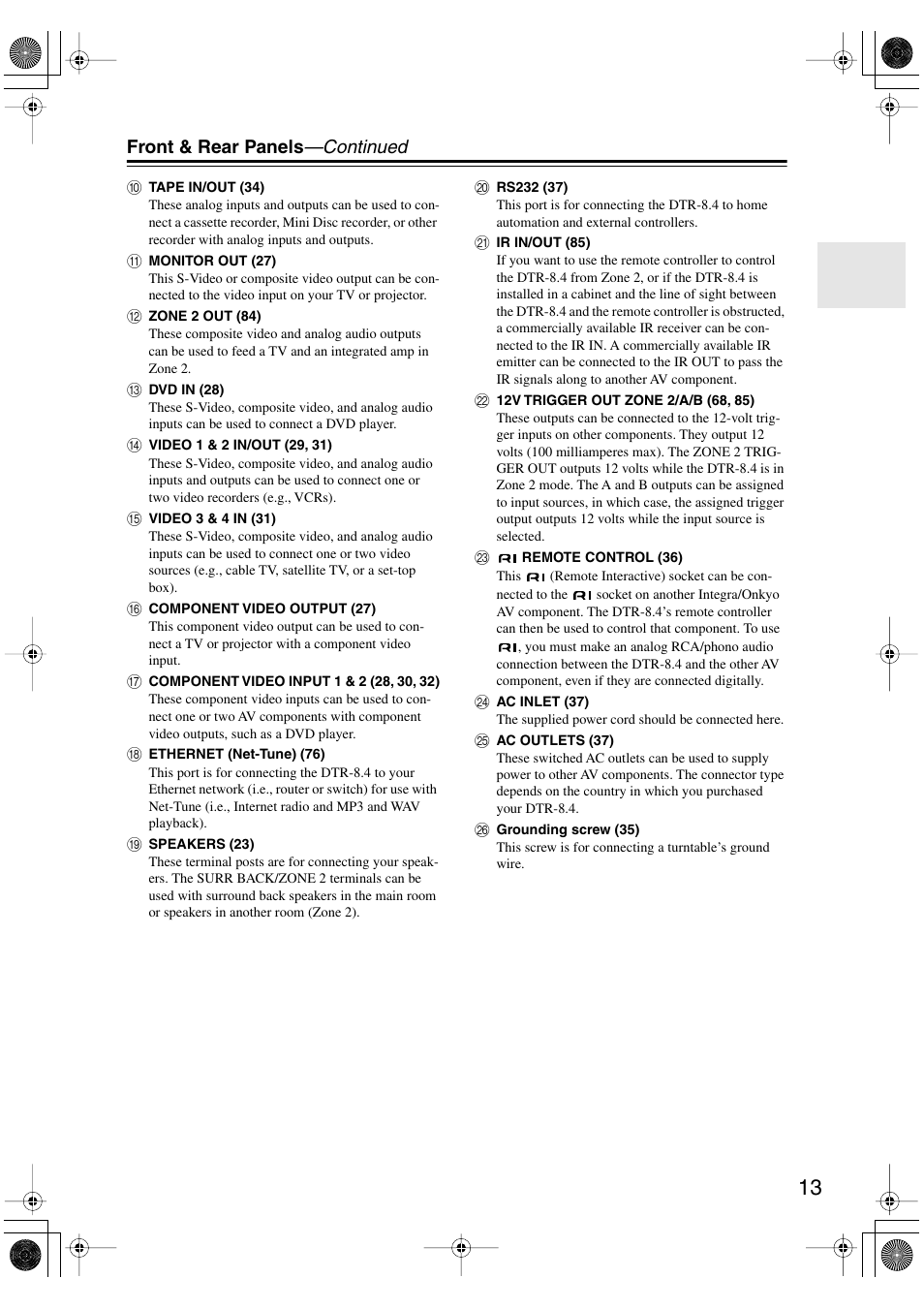 Front & rear panels —continued | Integra DTR-8.4 User Manual | Page 13 / 109