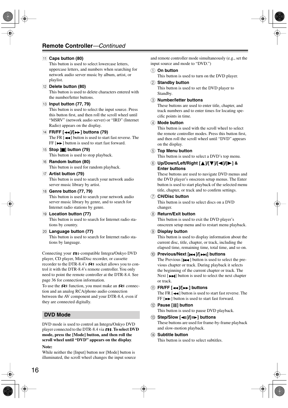 Remote controller —continued | Integra DTR-8.4 User Manual | Page 16 / 109