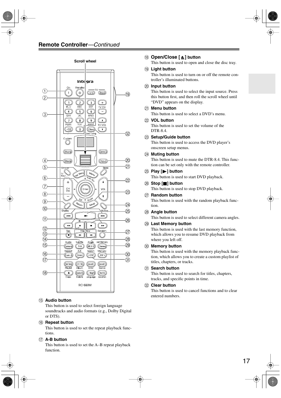 Remote controller —continued | Integra DTR-8.4 User Manual | Page 17 / 109