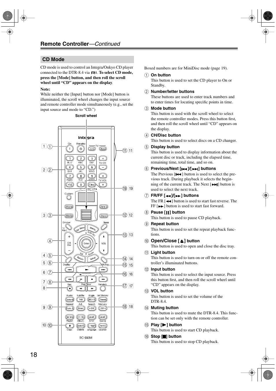 Remote controller —continued | Integra DTR-8.4 User Manual | Page 18 / 109