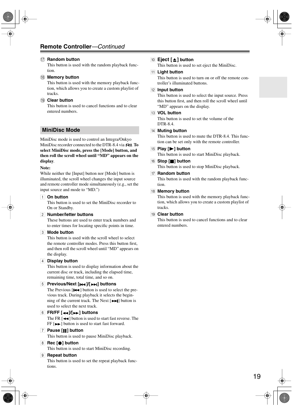Remote controller —continued | Integra DTR-8.4 User Manual | Page 19 / 109