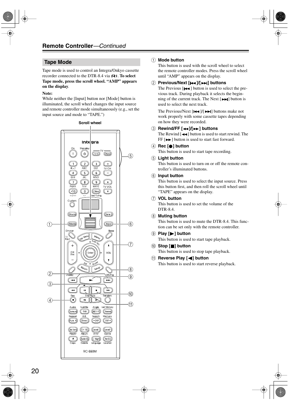 Remote controller —continued | Integra DTR-8.4 User Manual | Page 20 / 109