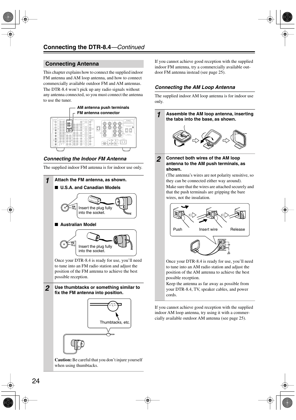 Connecting the dtr-8.4 —continued, Connecting antenna, Connecting the indoor fm antenna | Connecting the am loop antenna | Integra DTR-8.4 User Manual | Page 24 / 109