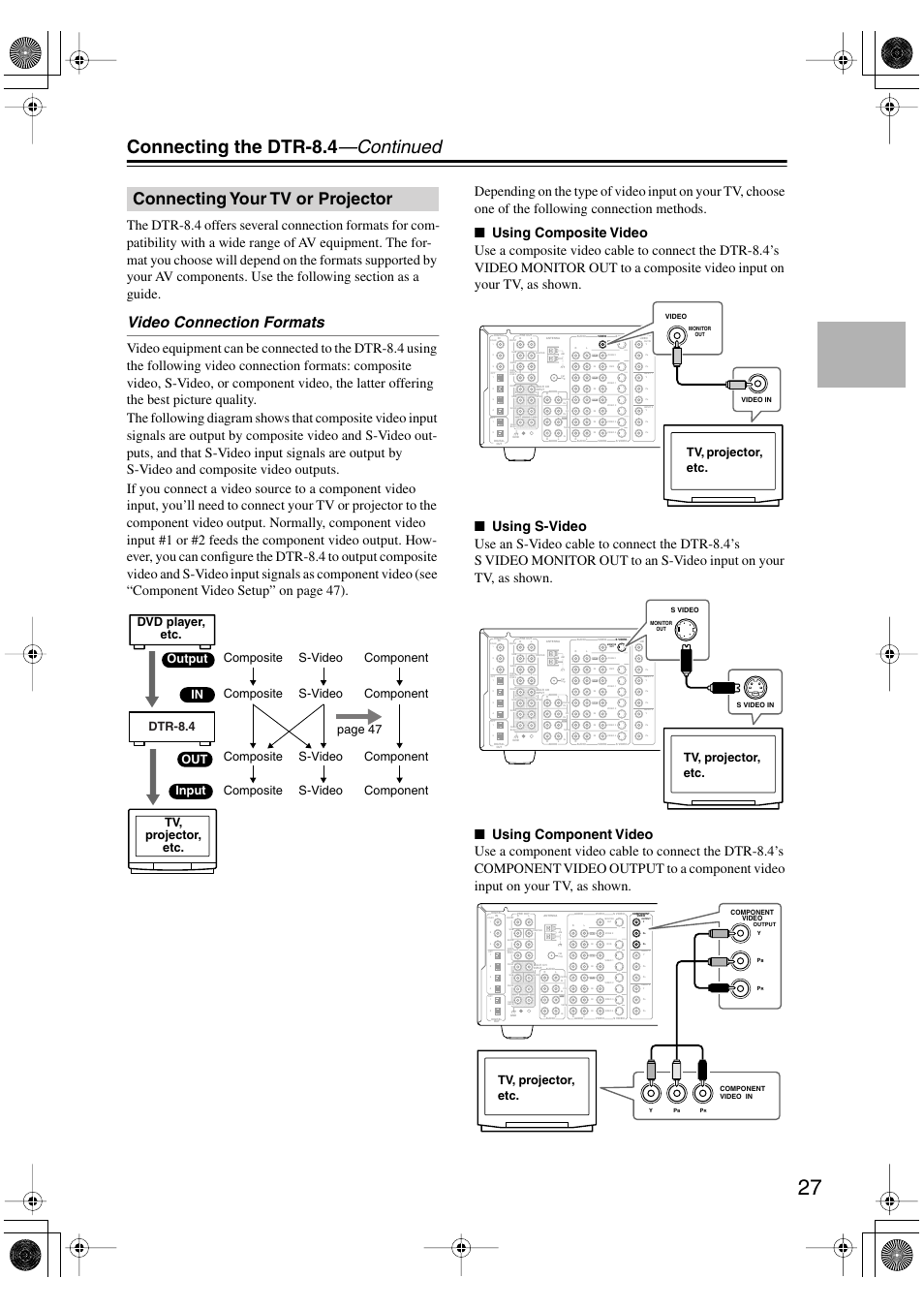 Connecting the dtr-8.4 —continued, Connecting your tv or projector, Video connection formats | Tv, projector, etc | Integra DTR-8.4 User Manual | Page 27 / 109
