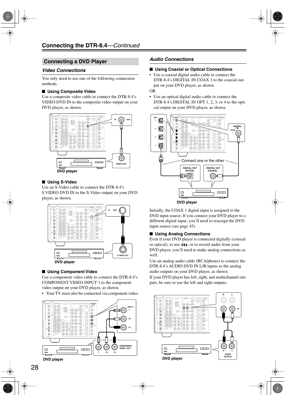 Connecting the dtr-8.4 —continued, Connecting a dvd player, Video connections | Audio connections, Dvd player, Connect one or the other, Dvd player dvd player | Integra DTR-8.4 User Manual | Page 28 / 109