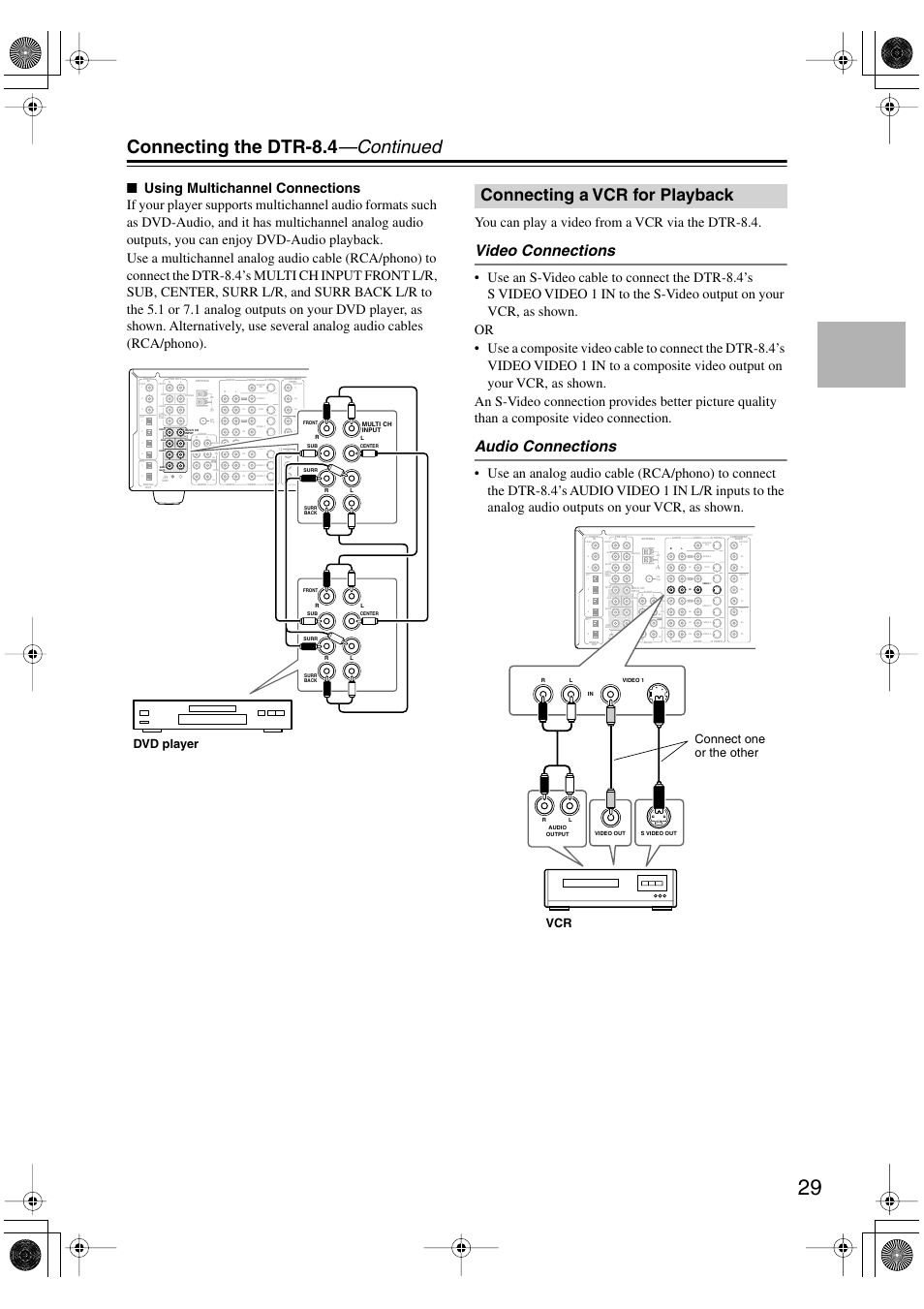 Connecting the dtr-8.4 —continued, Connecting a vcr for playback, Video connections | Audio connections, Dvd player, Vcr connect one or the other | Integra DTR-8.4 User Manual | Page 29 / 109