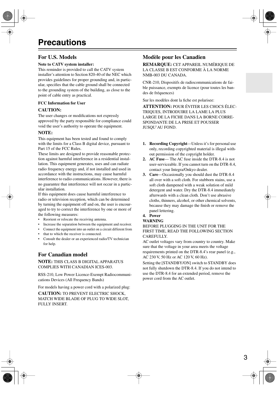 Precautions, For u.s. models, For canadian model | Modèle pour les canadien | Integra DTR-8.4 User Manual | Page 3 / 109