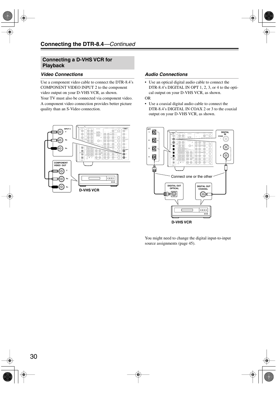 Connecting the dtr-8.4 —continued, Connecting a d-vhs vcr for playback, Video connections | Audio connections, D-vhs vcr, D-vhs vcr connect one or the other | Integra DTR-8.4 User Manual | Page 30 / 109