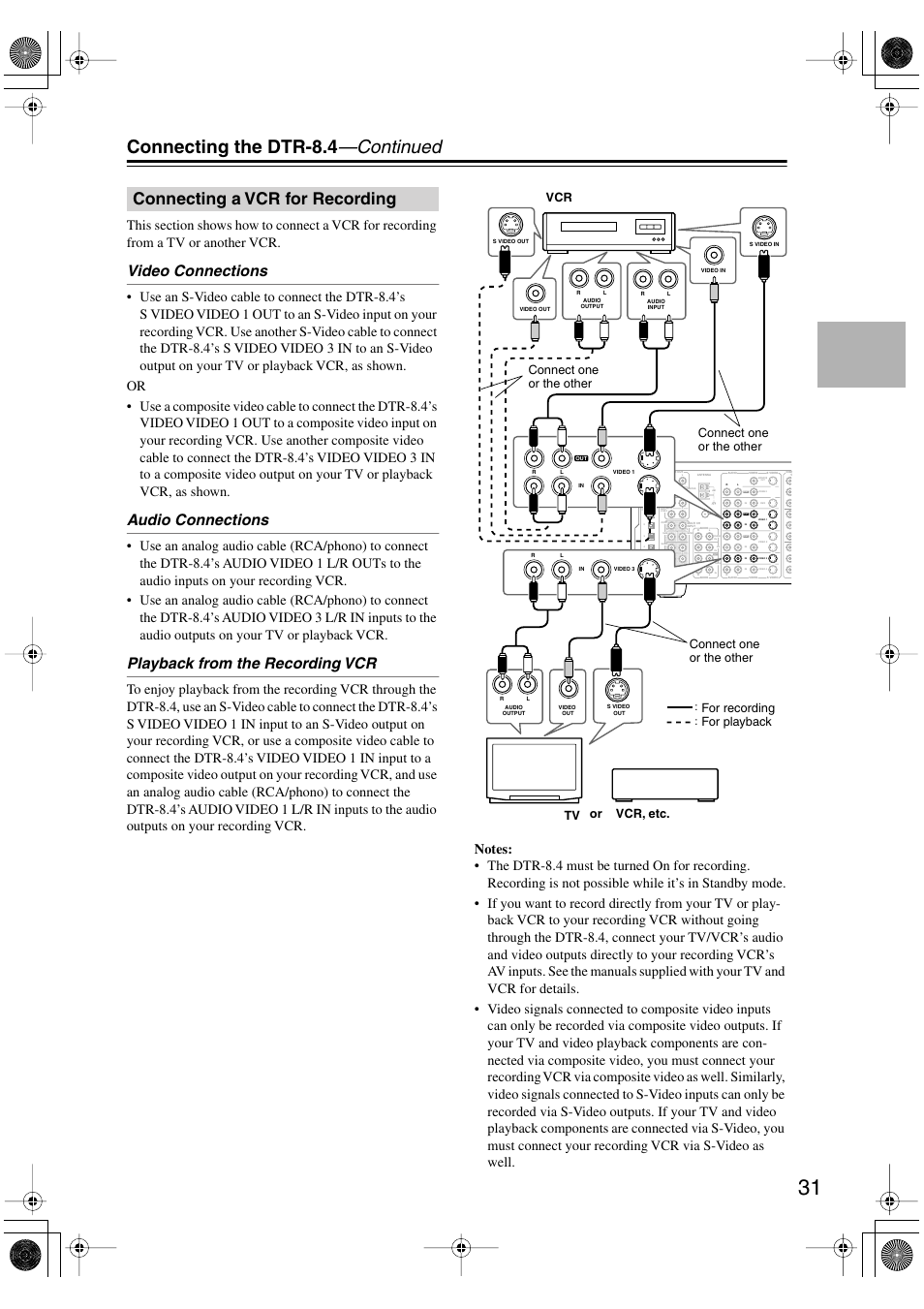 Connecting the dtr-8.4 —continued, Connecting a vcr for recording, Video connections | Audio connections, Playback from the recording vcr | Integra DTR-8.4 User Manual | Page 31 / 109