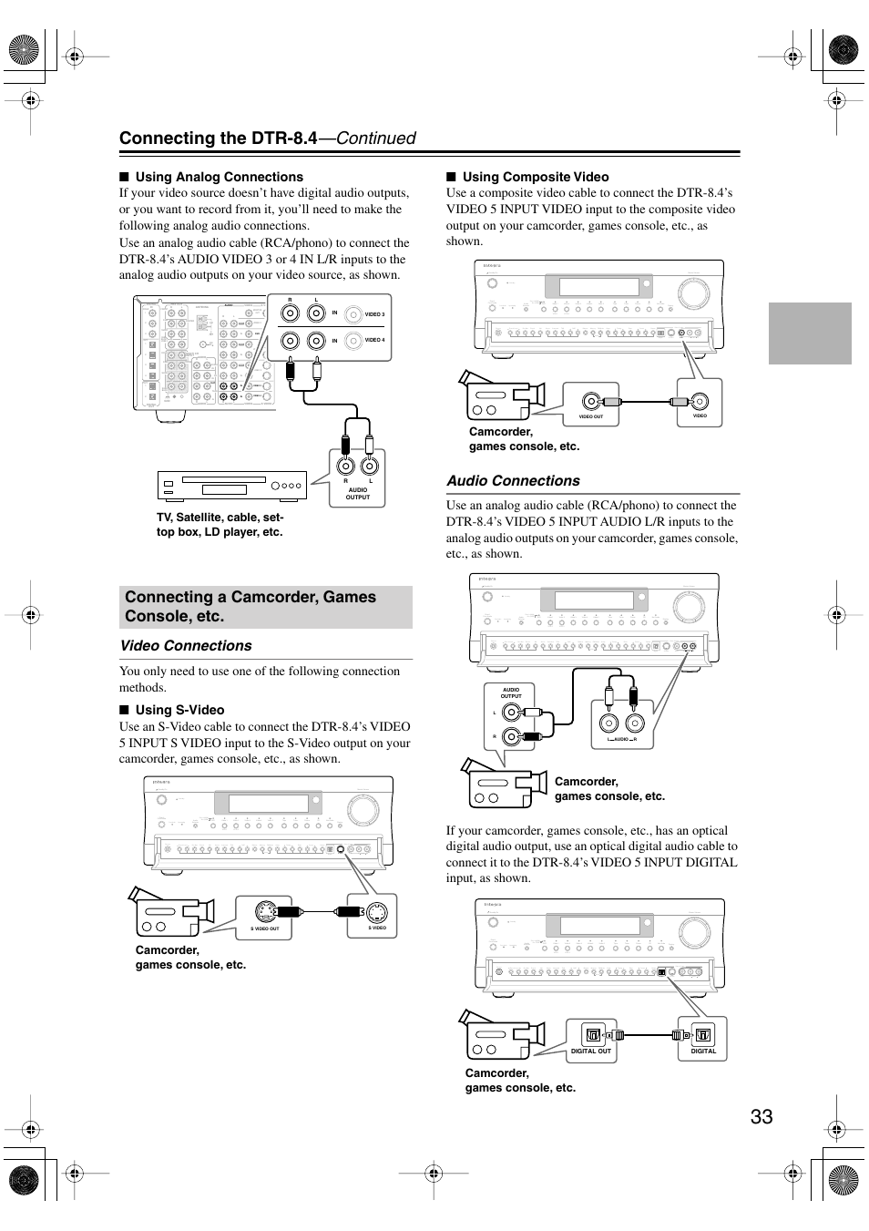 Connecting the dtr-8.4 —continued, Connecting a camcorder, games console, etc, Video connections | Audio connections | Integra DTR-8.4 User Manual | Page 33 / 109